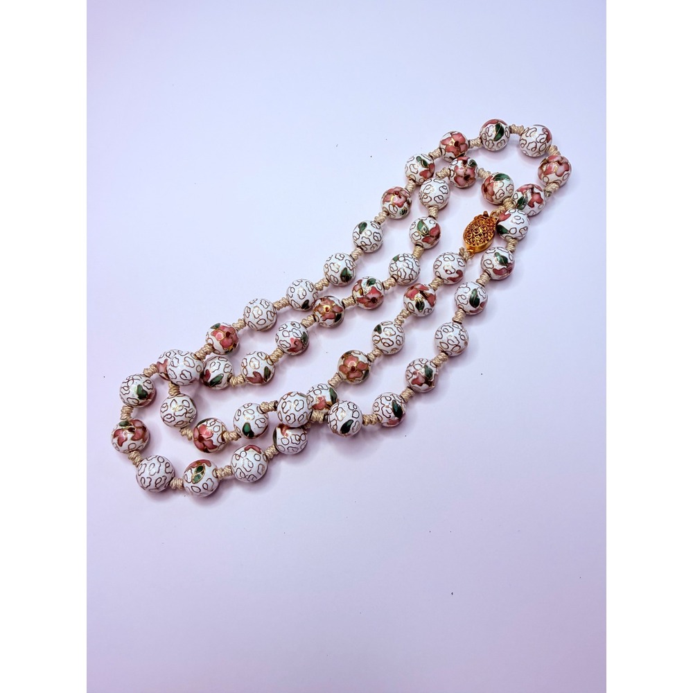 Vintage Cloisonné Floral Bead Necklace – Hand Knotted White Enamel Beads